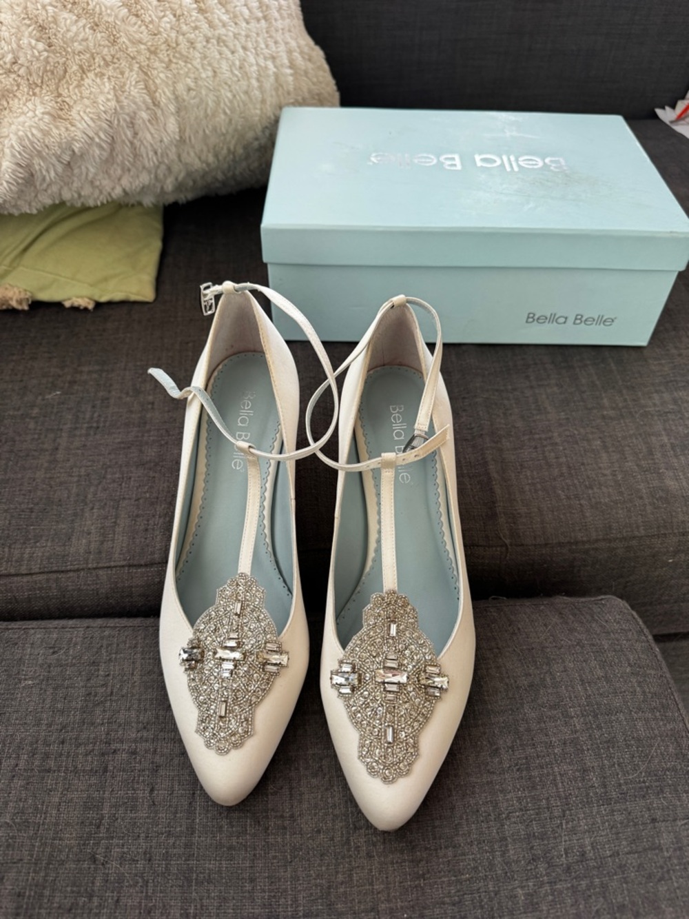 Bella Belle Ivory Pointed-Toe Ankle-Strap Heels with Crystal Appliqué